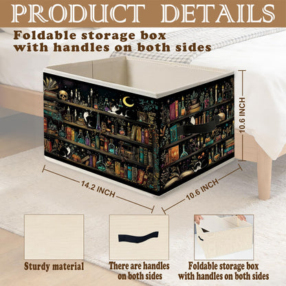 LRWHDFW Dark Gothic Book Storage Bins, Dark Academia Witchy Bookshelf Tuxedo Cat Foldable Closet Organizers Storage Basket Toybox for Reading Room Library Bedroom Bathroom Home Clothes Toys Books