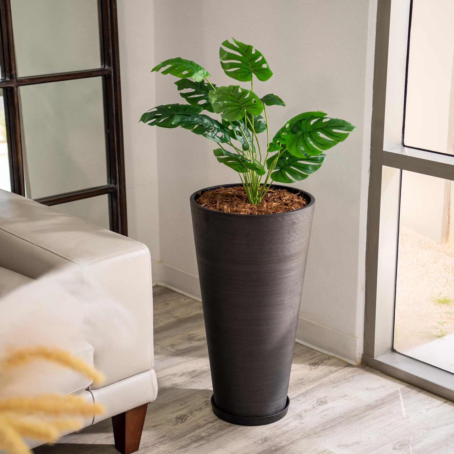 XBrand Modern 28-Inch Tall Round Planter, Modern Tapered Planter Perfect for Indoor & Outdoor Planter, Patio Décor, Set of 2, Black