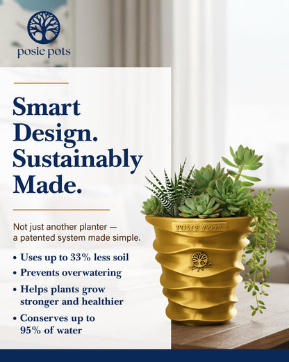 Posie Pot Medium Wave Self Watering Planter for Indoor Plants - 5x5 Inch Patented Pot with 10X Water Reservoir - Modern 3D Printed Desk Planter - Root Rot Free - Eco Friendly, Made in USA, Gold