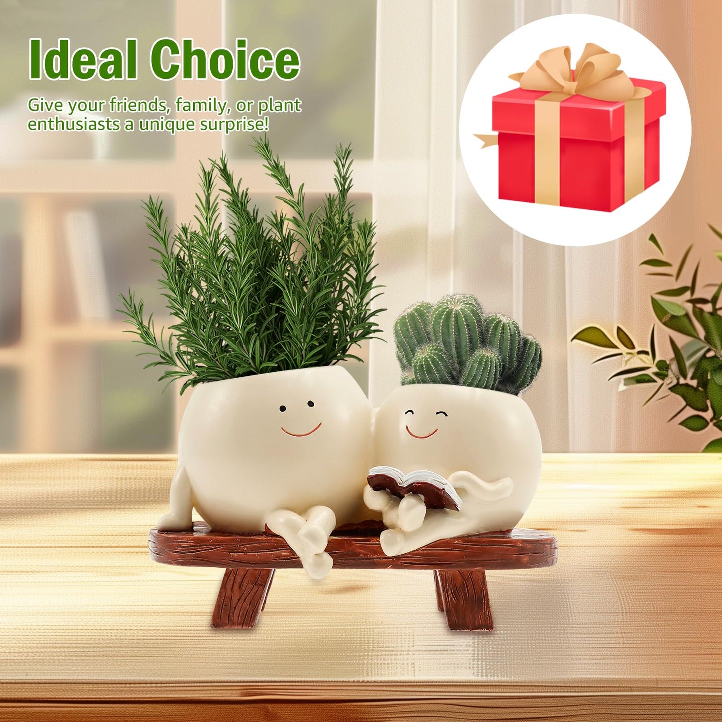Smily Face Plant Pot, Cute Resin Double Head Planter with Drainage Hole, Novelty Design Chair Succuent Flower Pot, Modern Lady Head Vase Girl Face Planter, Desk Decor Planter for Home or Garden Décor