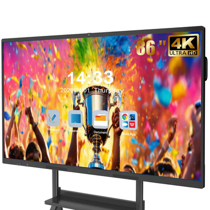 JASZDOT 86'' Smart Board, 4K UHD Interactive Touchscreen Whiteboard, Android 14 8+128GB Wireless Smartboard for Classroom Home Office Studio