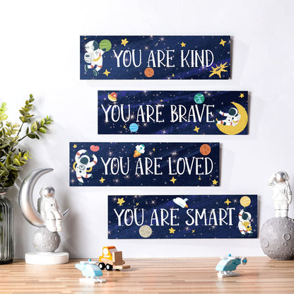 Yookeer 4 Pcs Space Room Decor for Kids Boys Outer Space Wall Art Bedroom Decor for Nursery Classroom Astronaut Galaxy Posters Spaceman Wood Sign Be Brave and Be Kind for Baby Boy(You)