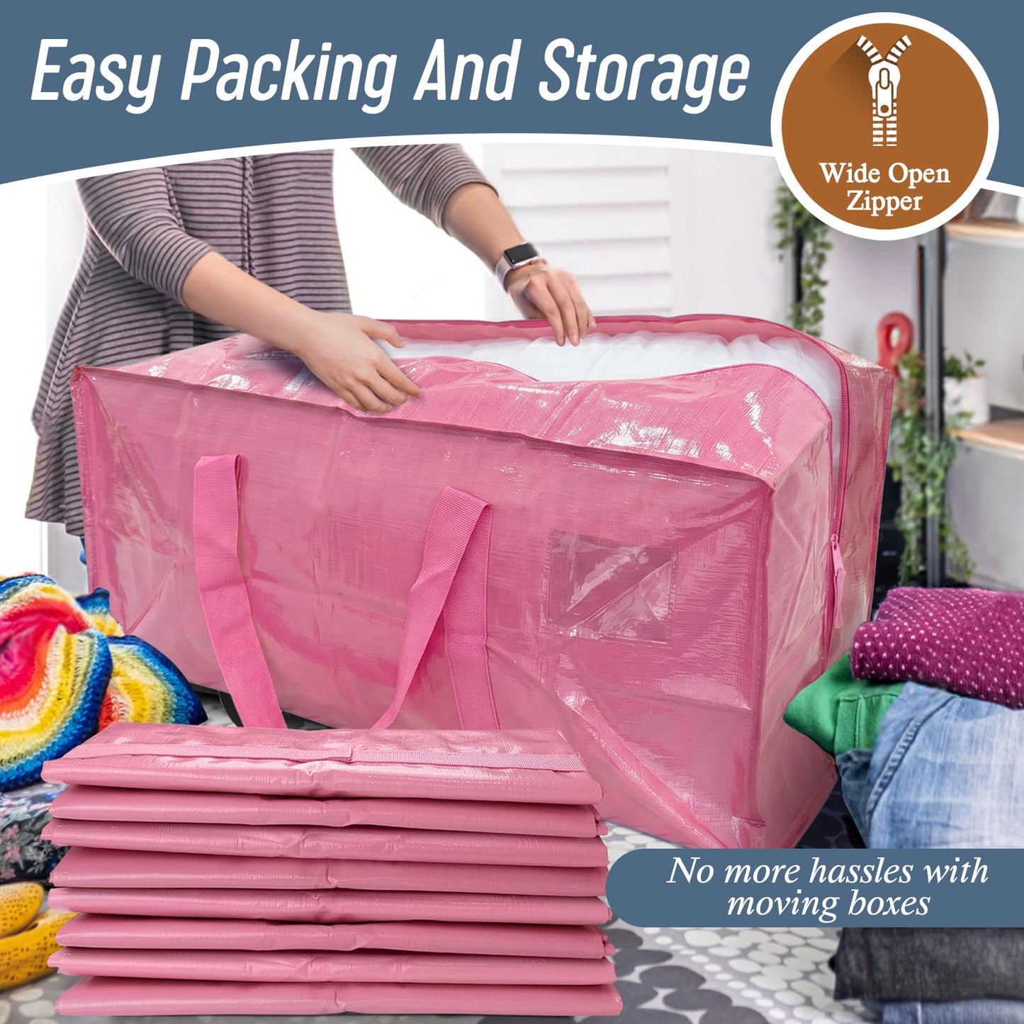 12 Pack Extra Heavy Duty Large Moving Bags with Strong Zipper & Comfortable Handles, Sturdy & Durable Clothes Storage Bags Totes Bins, Packing Moving Boxes for College Supplies, Pink