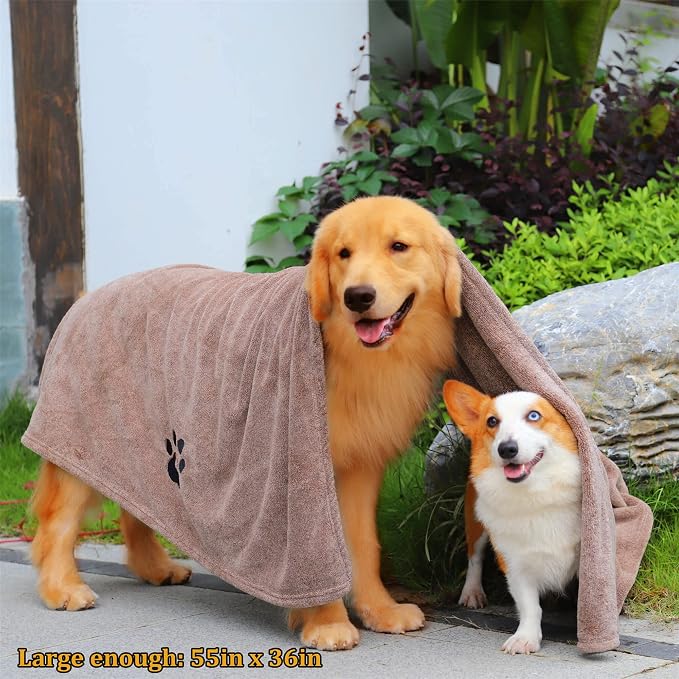 Dogvingpk Extra Large Dog Towel 2 Pack, Super Absorbent Soft Quick Drying Microfiber Pet Bath Towels for Large & Medium Dogs (XL-55" * 36", Black and Brown)
