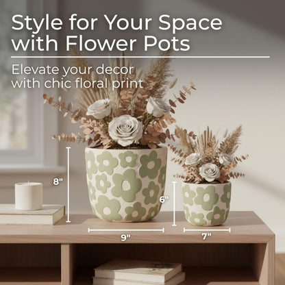 Sagebrook Home Set of 2 Cement Decorative Planter Pot Without Stand Pottery Outdoor & Indoor Plant Pot with Flower Pattern Minimalist Modern Garden & Home Decor Cement Planters 6" & 8", Light Green