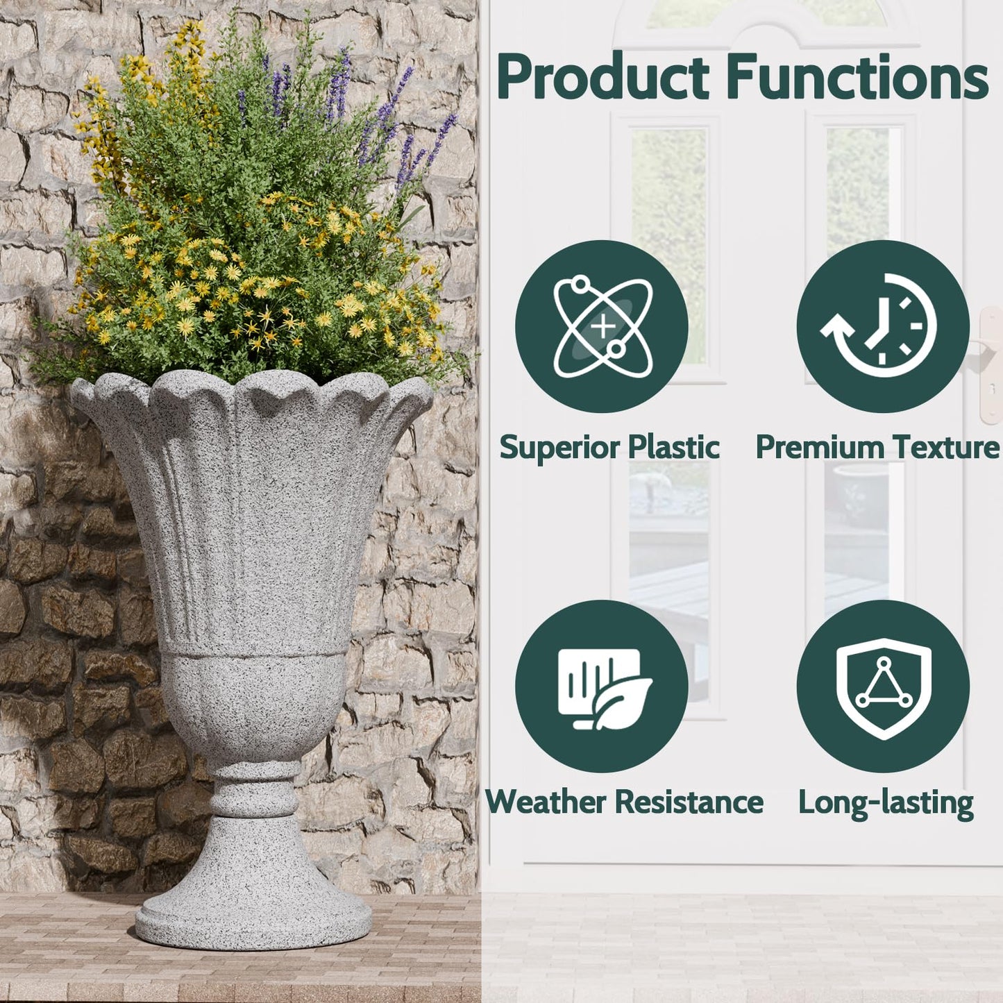 Trygoal 23.6" Tall Plastic Urn Planters for Outdoor Plants, Set of 2 Heavy-Duty Classic Indoor Large Flower Pots with Drainage Holes & Petal Design, Outdoor Planters for Porch, Home Garden, Grey