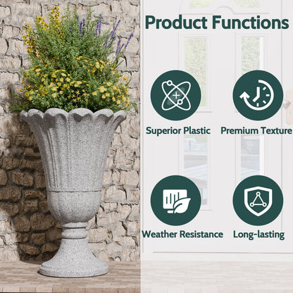 Trygoal 23.6" Tall Plastic Urn Planters for Outdoor Plants, Set of 2 Heavy-Duty Classic Indoor Large Flower Pots with Drainage Holes & Petal Design, Outdoor Planters for Porch, Home Garden, Grey