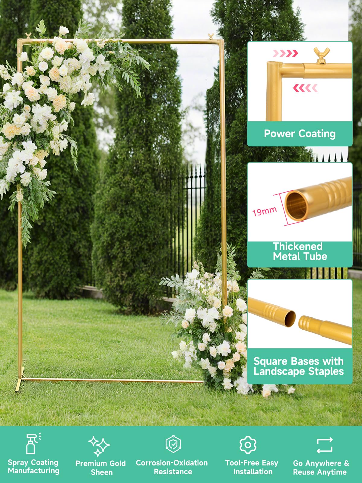 JEBUTU Gold Wedding Arch Backdrop Stand, 6.6 * 3.3FT Square Backdrop Stand Balloon Flower Metal Frame for Ceremony, Anniversary, Party, Birthday,Baby Shower Photo Booth Decoration