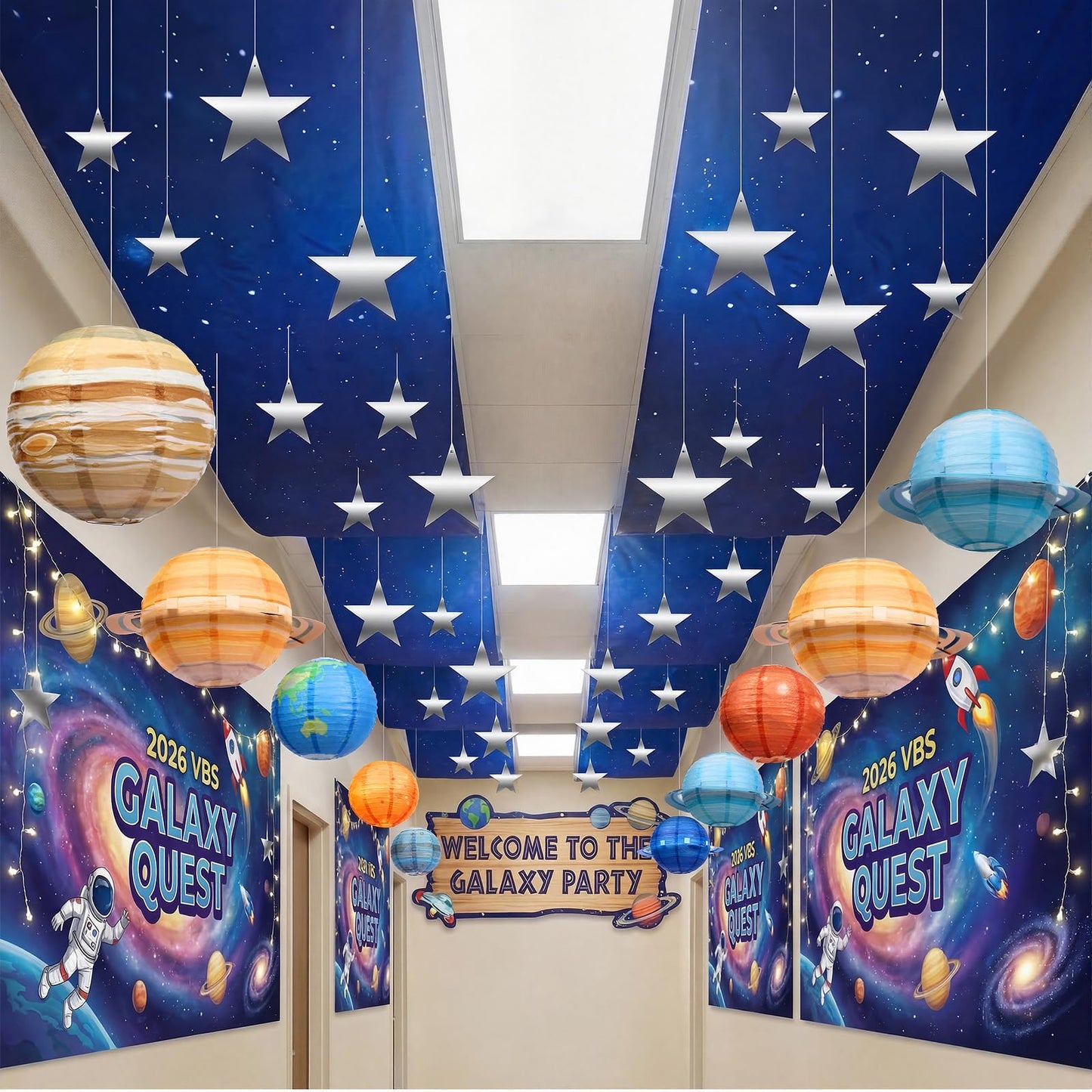 Relaxgiant 45 Pcs 2026 Space Celing Decoration for Classroom 24" x 13ft Galaxy Hanging Backdrop, Star Hanging Ornament, Solar System Paper Lanterns, Hooks for Kids Birthday VBS School Party Decor