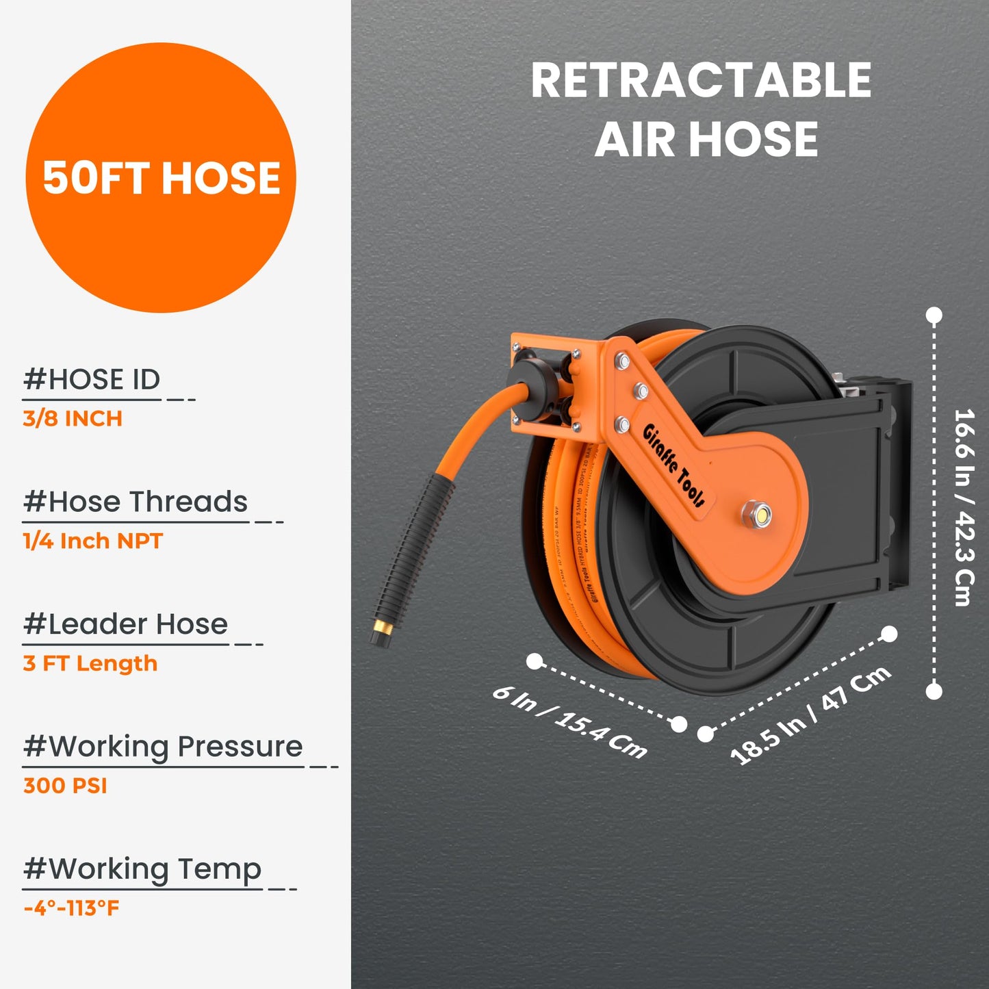Giraffe Tools TA15 Retractable Air Hose Reel Swivel 3/8" x 50 ft Hybrid Hose, Max 300 PSI, Ceiling/Wall Mounted Heavy Duty Industrial Commercial Air Compressor Hose Reel, 50ft, Tangelo