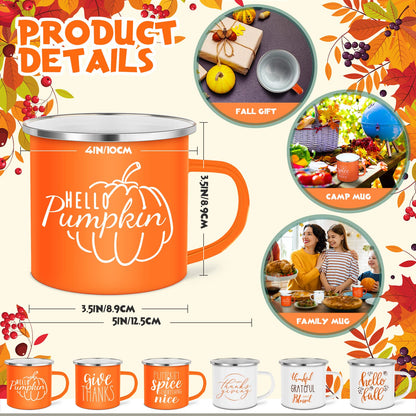 Fall Coffee Mugs 12 oz Thanksgiving Enamel Mug Autumn Coffee Mug Outdoor Camper Mug Hello Fall Pumpkin Spice Give Thanks Sign Camping Tea Cup Decor for Christmas Halloween Party Campfire(24 Pcs)