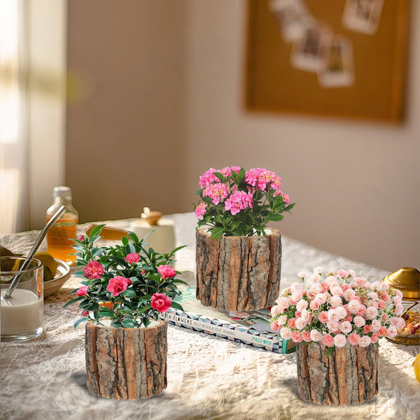AIHSUMC 3 Pcs Wooden Vase for Centerpieces, 3.9 in Bark Vase Rustic Wooden Bark Flower Pots Country Style Stump Bucket Planter for Woodland Party Wedding Window Home Farmhouse Table Decor
