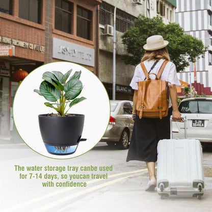 WSMKSZ 8 inch Self Watering Pots, 2 Pack Plastic Planters with Mesh Drainage Holes for Garden Plants and Flower, Plants Pots with Deep Reservoir for Indoor Outdoor Plants, Black