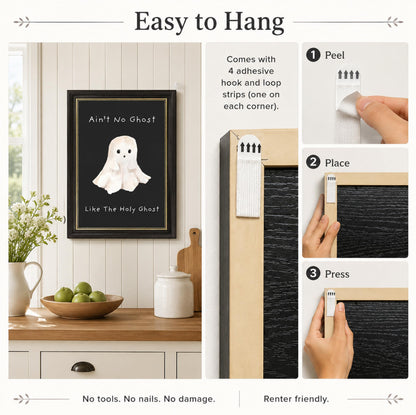 Vbaourut Framed Cute Halloween Wall Art, Funny Holy Ghost Canvas Painting, Cute Ghost Poster with Dark Brown Frame and Upgraded Hook and Loop for Living Room, 9x11 in