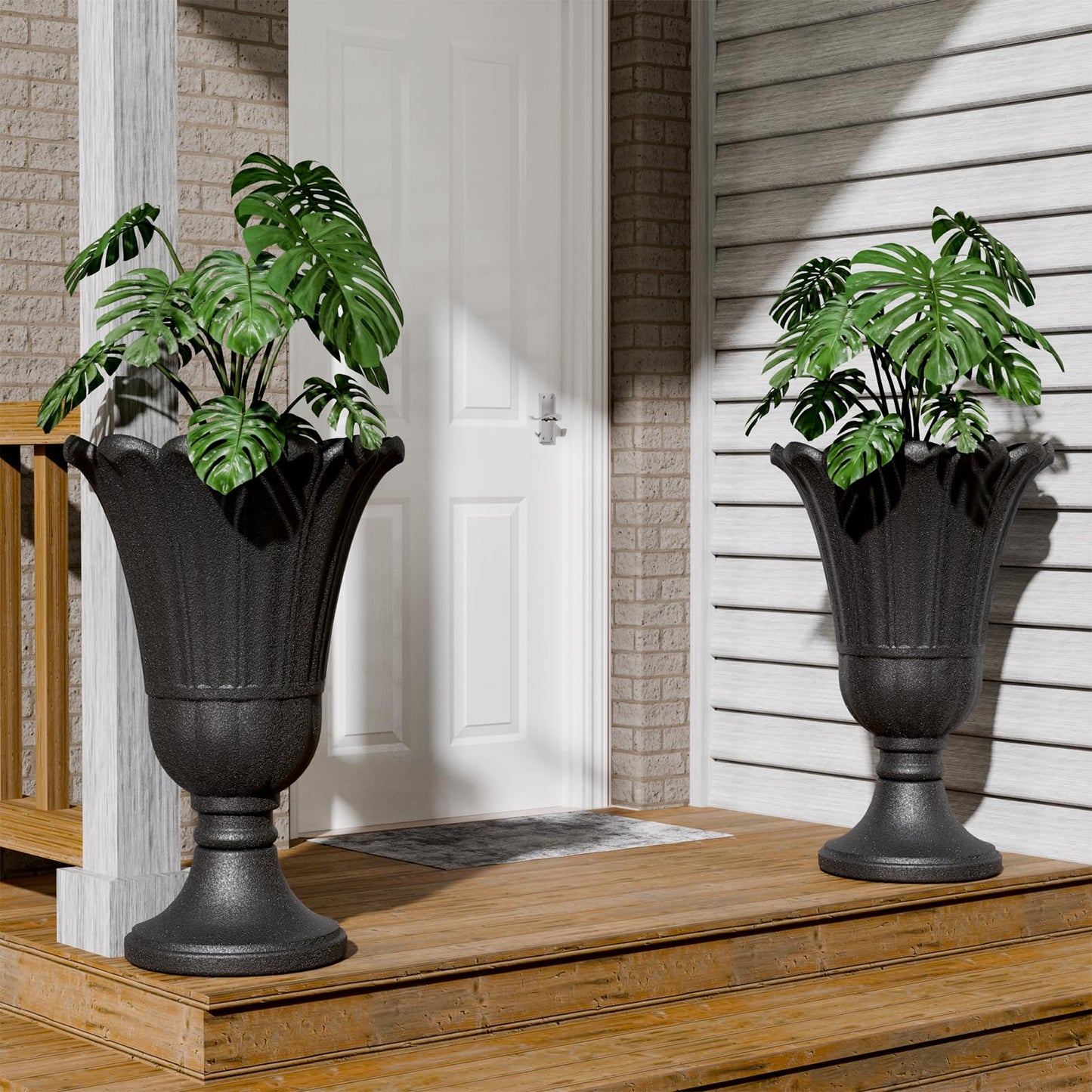 Trygoal 23.6" Tall Plastic Urn Planters for Outdoor Plants, Set of 2 Heavy-Duty Classic Indoor Large Flower Pots with Drainage Holes & Petal Design, Outdoor Planters for Porch, Home Garden, Black