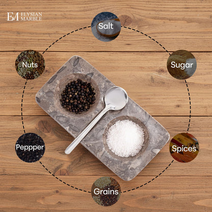 Marble Salt and Pepper Dish with Spoon, Handcrafted Double Spice Tray with 2 Compartments, Natural Stone Condiment Dish for Cooking Prep and Serving - Oceanic Grey