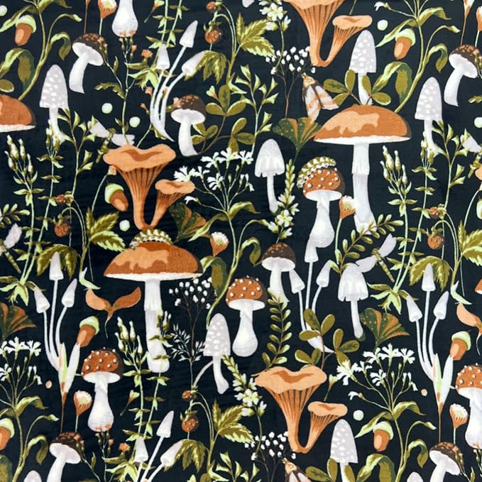 Serafina Home Mushroom Fleece Throw Blanket: Floral Forest Black Brown Beige and White, 50" x 70"