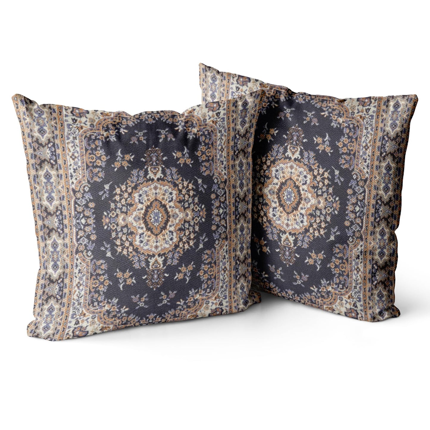 Snycler Boho Throw Pillow Covers 16x16 inch Set of 2 Black Medallion Border Area Rug Double Sided Pattern Cotton Soft Pillow Case Cushion Cover Pillowcase for Couch Sofa Bed Decorative
