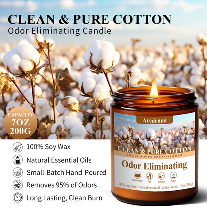 Clean & Pure Cotton Odor Eliminating Candles | Eliminates 95% of Pet, Smoke & Bathroom Odors – 7 oz Hand Poured Non-Toxic Soy Candle - Fresh Air Scented Candle Gentle for Pet - Gifts for Families