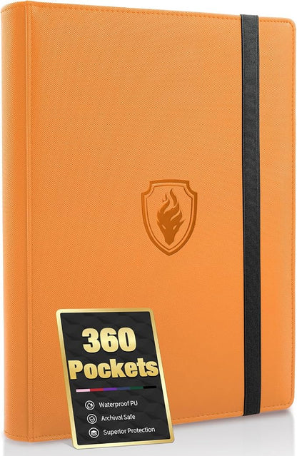 Premium 9 Pocket Card Binder for 360 Cards, Fabmaker PU Cover Trading Card Binder, Sturdy Card Collection Album, Sleek Card Holder Folders for Game Cards & Sports Cards, Orange