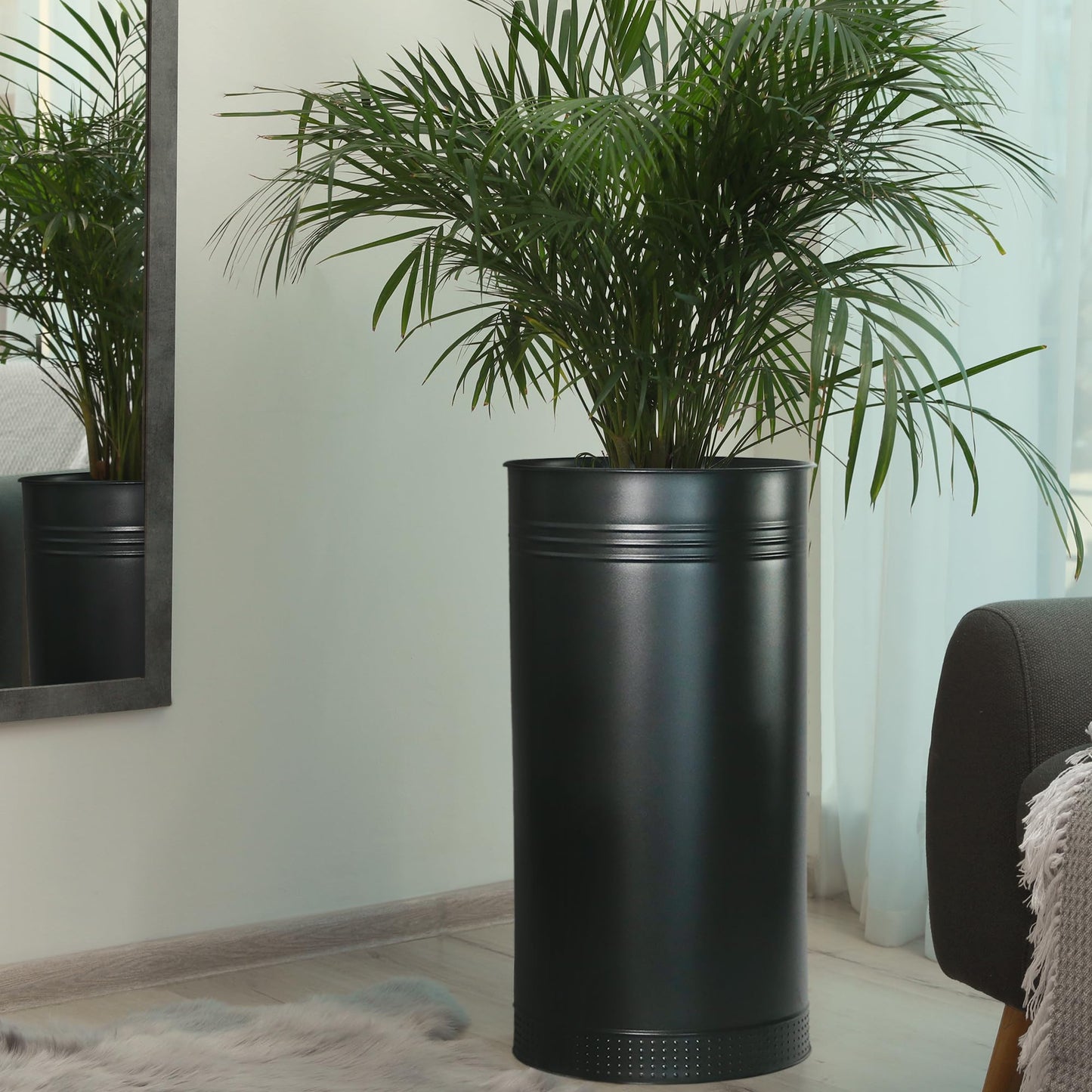 Worth Garden Galvanized Steel Planter 2-Pack - Large:28"x14.5" & Small:24"x12" - Tall Metal Plant Pots - Large Handcrafted Decoration Flower Pot for Indoor Outdoor, Deck, Patio, Front Porch - Black