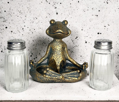 Yoga Frog Salt and Pepper Set with Glass Shakers – Whimsical Meditating Zen Master Lotus Pose Figurine – Dining Table Kitchen or Bar