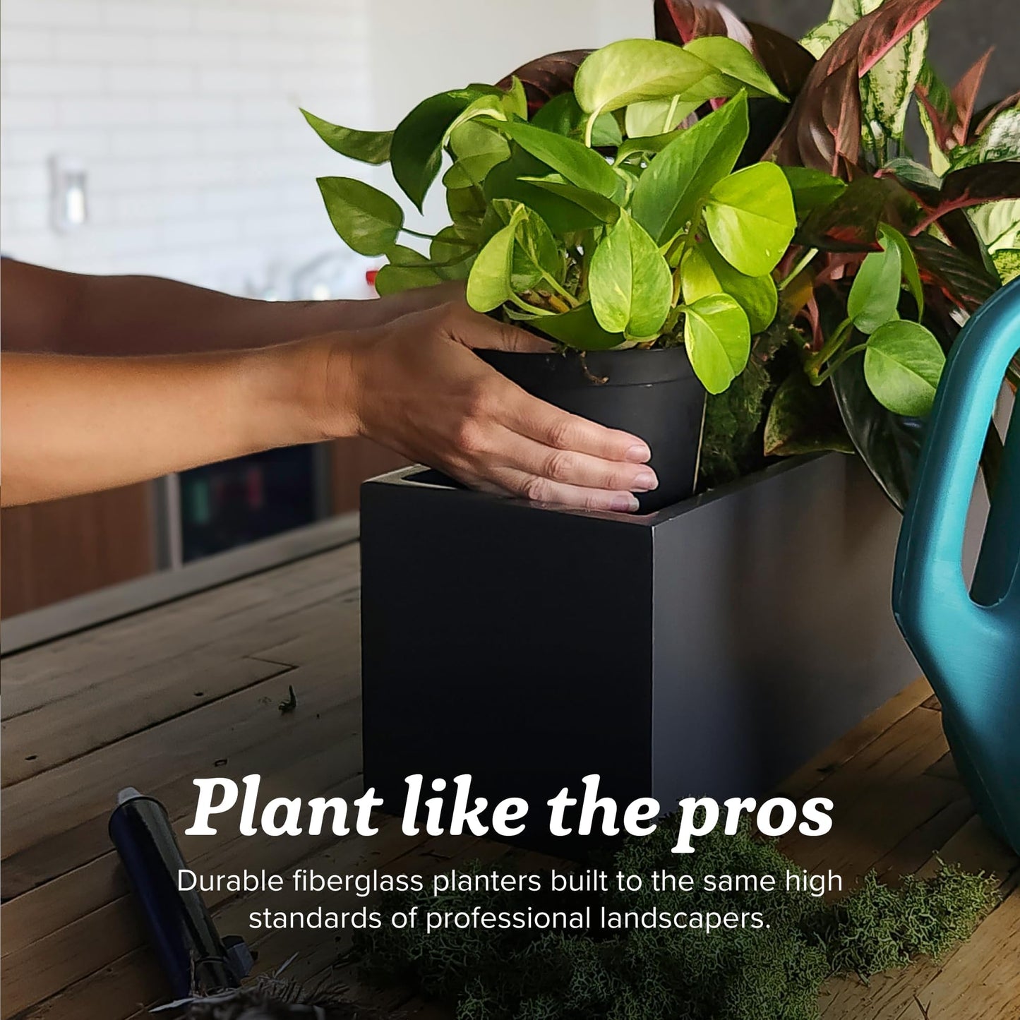 Greenline Jack Square Cube Planter - Indoor/Outdoor Large Fiberglass Lightweight Planter - 28" x 28" x 28" (Gloss Black)
