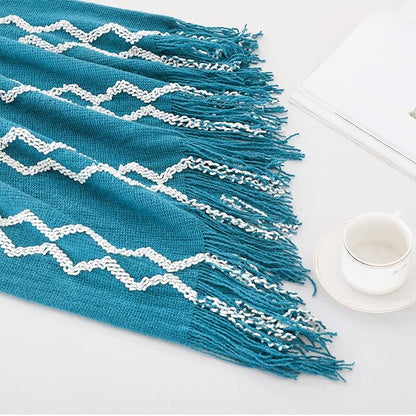 BOURINA Fluffy Chenille Knitted Fringe Throw Blanket Lightweight Soft Cozy for Bed Sofa Chair Throw Blankets, Teal 50" x 60"