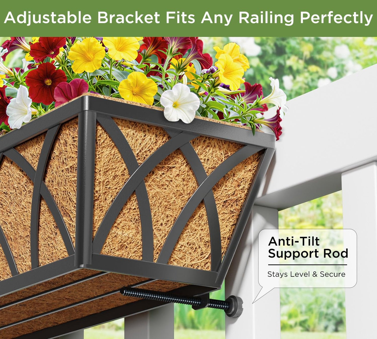 LAWYAMAI 30 Inch 4 Pack Railing Planter with Adjustable Brackets, Window Box with Coco Liner, Hanging Metal Flower Box for Balcony Deck Fence Porch, Black