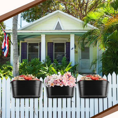 Hicarer Metal Hanging Flower Pots for Railing Fence, Large Hanging Rail Planters for Outdoor Window Balcony Plants Holder with Hooks for Garden Yard Home Decor(Black,4 Pcs)