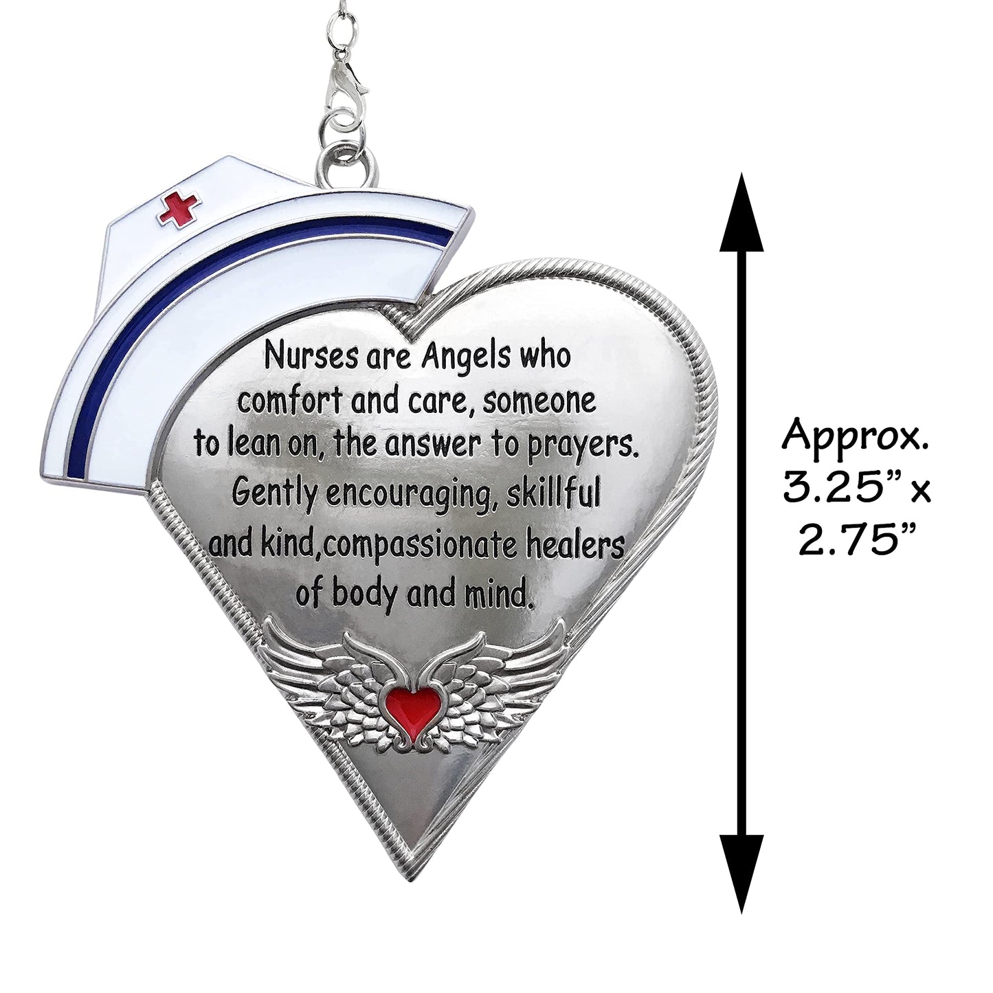 Nurse Christmas Ornament with Message, Engraved Silver Metal Nurses Hat & Heart with Angel Wings, Hand Painted Enamel Holiday Keepsake, Thank You Gift for Nurse, RN, LPN, CNA, Nursing Student, 4"
