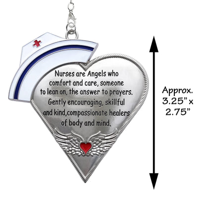 Nurse Christmas Ornament with Message, Engraved Silver Metal Nurses Hat & Heart with Angel Wings, Hand Painted Enamel Holiday Keepsake, Thank You Gift for Nurse, RN, LPN, CNA, Nursing Student, 4"