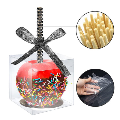 MGWOTH Candy Apple Boxes with Bling Stick Hole Set, 20 Pack Caramel Apple Wrapping Kit with Clear Containers & Rhinestone Bamboo Skewers & Glitter Ribbons, Top for Cake Pop Chocolate Treat Christmas