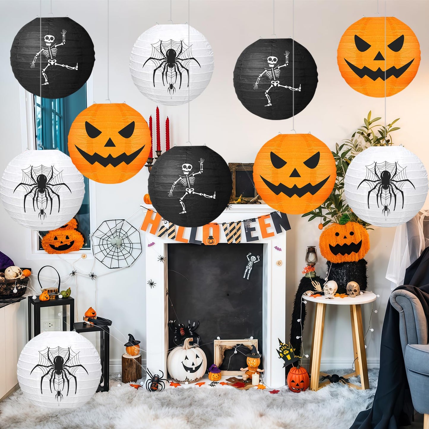 KAXIXI Halloween Party Decorations - 10pcs Halloween Spooky Spider Skeleton Pumpkin Printed Hanging Paper Lanterns for Halloween Decorations Birthday Yard Garden Decor Outdoor Indoor