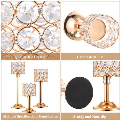Mumufy 12 Pieces Crystal Candle Holders Set 3 Sizes Tall Crystal Wedding Candlestick Holders Pillar Candelabra Stand for Table Centerpieces for Christmas Party Wedding Dining Decoration (Gold)