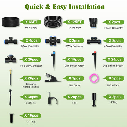 Drip Irrigation Kit for Garden, Automatic Plant Watering System with Quick Connect Fittings, Water Saving Irrigation Tubing Hose and Accessories for Yard, Greenhouse, Lawn & Raised Bed (191FT)