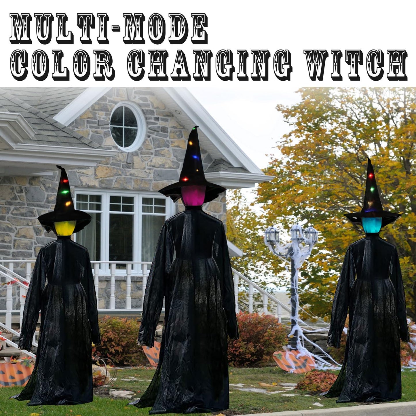 Halloween Decorations Outdoor, Set of 3 Witches with Glowing Witch Hat, 4FT Light-UP Sound-Activated Sensor Life Size Witch with LED Light, Scary for Yard Haunted House