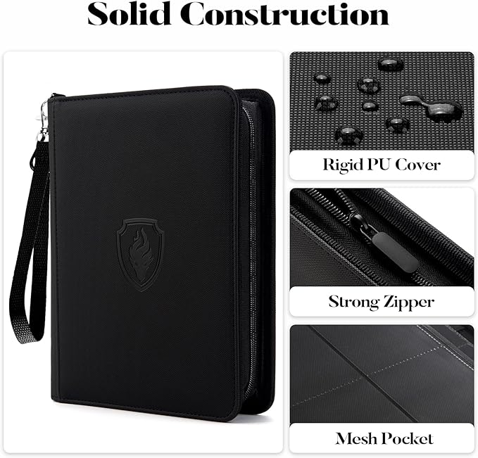 Fabmaker Premium 4 Pocket Zip Card Binder, Trading Card Binder for 320 Cards, Portable PU Card Collection Binder, Collector Card Album Folder for Game & Sports Cards (Black)