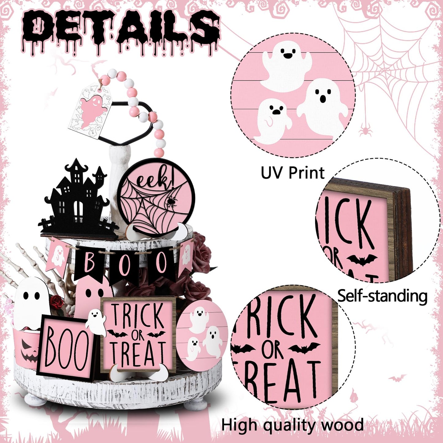 Umigy 15 Pcs Halloween Tiered Tray Decor Set Cute Ghost Tray Decorations Boo Halloween Wooden Signs Farmhouse Rustic Decoration for Home Table Party Supplies(Pink Ghost)