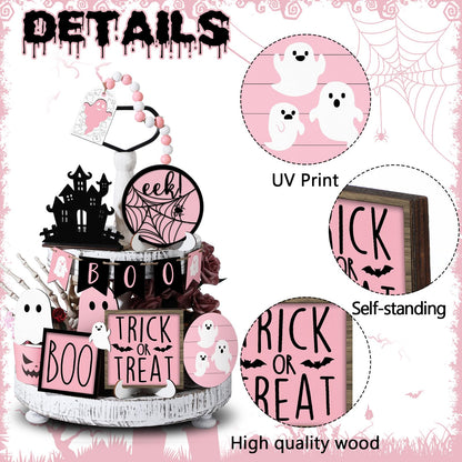 Umigy 15 Pcs Halloween Tiered Tray Decor Set Cute Ghost Tray Decorations Boo Halloween Wooden Signs Farmhouse Rustic Decoration for Home Table Party Supplies(Pink Ghost)