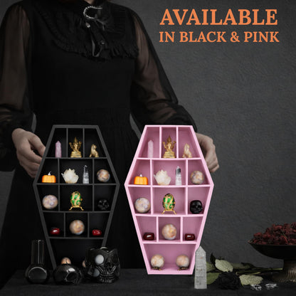 Gothic Curiosities Curio Coffin Shelf - Wooden Goth Decor for Display or Storage of Shot Glasses, Mini Figures, Rocks, and More - 17 by 9.75 by 2.75 Inches