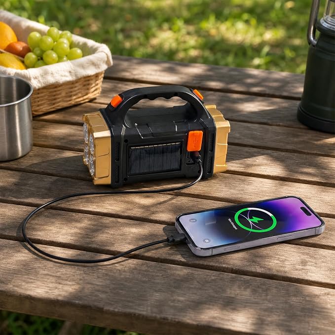 Solar Handheld Flashlight, 4 Lighting Modes Rechargeable LED Work Light, USB-C & Solar Powered Portable Lantern,Emergency Camping Light for Outdoor, Hiking, Power Outage (Gold-1pcs)
