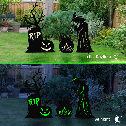 3 Pack Halloween Yard Signs Outdoor Decorations - Glow in the Dark Scary Witch Tombstone Cauldron Metal Stakes, Waterproof Fluorescent Lawn Garden Halloween Decor for Graveyard Party (Witch Tombstone Cauldron, 3 Pack)