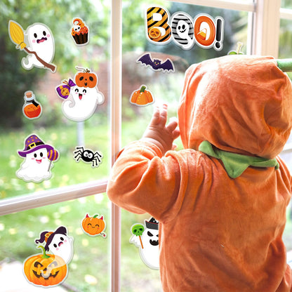 Whaline 32Pcs Halloween Thick Gel Window Clings Cute Ghost Pumpkin Boo Gel Decals for Holiday Home Classroom Nursery Glass Decor, 2 Sheets