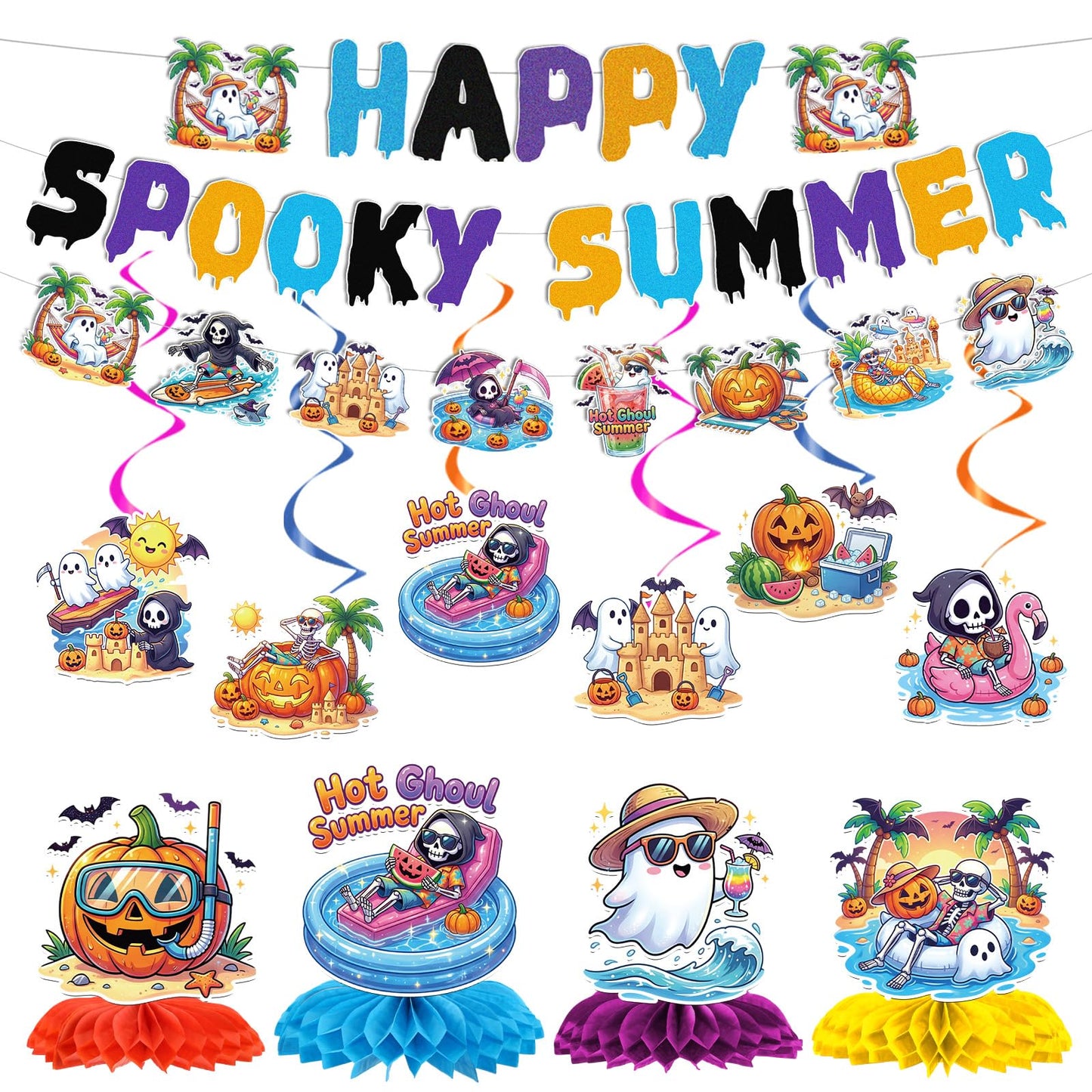 Papiailove Summer Halloween Party Decorations - 13Pcs Ghost and Pumpkin Theme Banners with Hanging Swirls, Honeycomb Centerpieces for Birthday Baby Shower Pool Party, Spooky Summer Party Decor