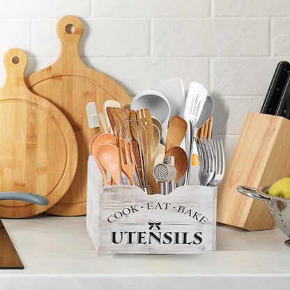 Bewbow [Upgraded] Extra Large Kitchen Utensil Holder for Countertop with 360° Rotating Base, 6 Compartments, Removable Divider, Wooden Utensil Organizer for Countertop, Farmhouse Kitchen Decor