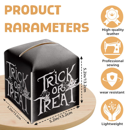 Halloween Trick Or Treat Tissue Box Holder, Black Leather Tissue Box Cover Square, Facial Paper Organizer Dispenser Toilet Paper Holder for Bathroom Kitchen Office Home Decor-A08