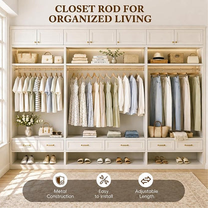 Heavy Duty Closet Rod, 17-28 IN Closet Rods for Hanging Clothes, Gold | Stepless Adjustable, Supports up to 66 lbs, Multiple Size Options, Easy Installation, Multi Purpose , Wall-Mounted