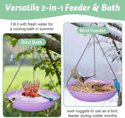 Hanging Bird Bath for Outdoors,Metal Birdbath Bowl with Magnetic Dragonfly Decor Garden Bird Feeder & Water Basin for Backyard,Patio,Decoration,11 Inch Purple Speckled