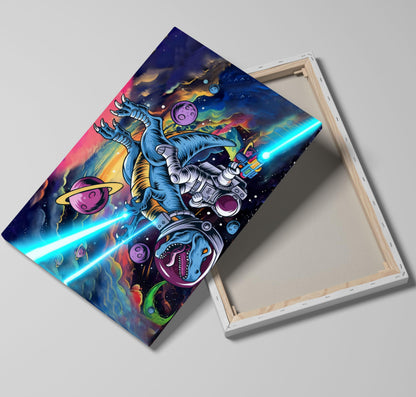 16x24 Space Astronaut Dinosour Star Wars Canvas Wall Art Watercolor Framed Prints Teen Boy T-Rax in Galaxy Cosmic Home Decor Painting Kids Bedroom Picture Child Room Funny Poster Kids Bathroom Photo